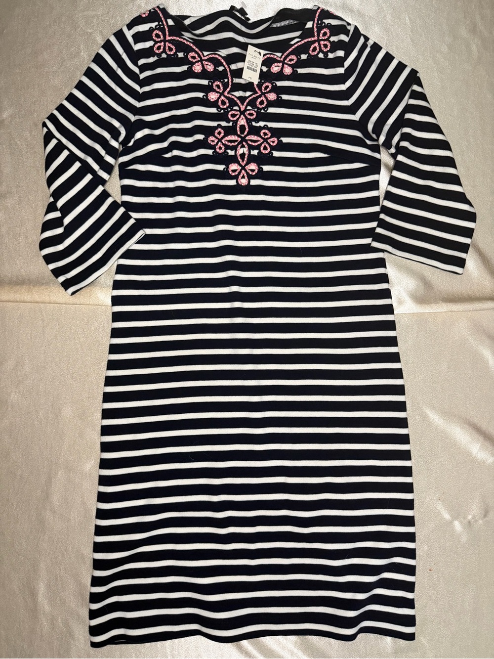 Talbots Petite Small Striped Embroidered Neckline Shift Dress 100% Cotton NWT
